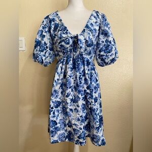 Abercrombie & Fitch Blue & White Cinch Front Poplin Puff Sleeve Mini Dress